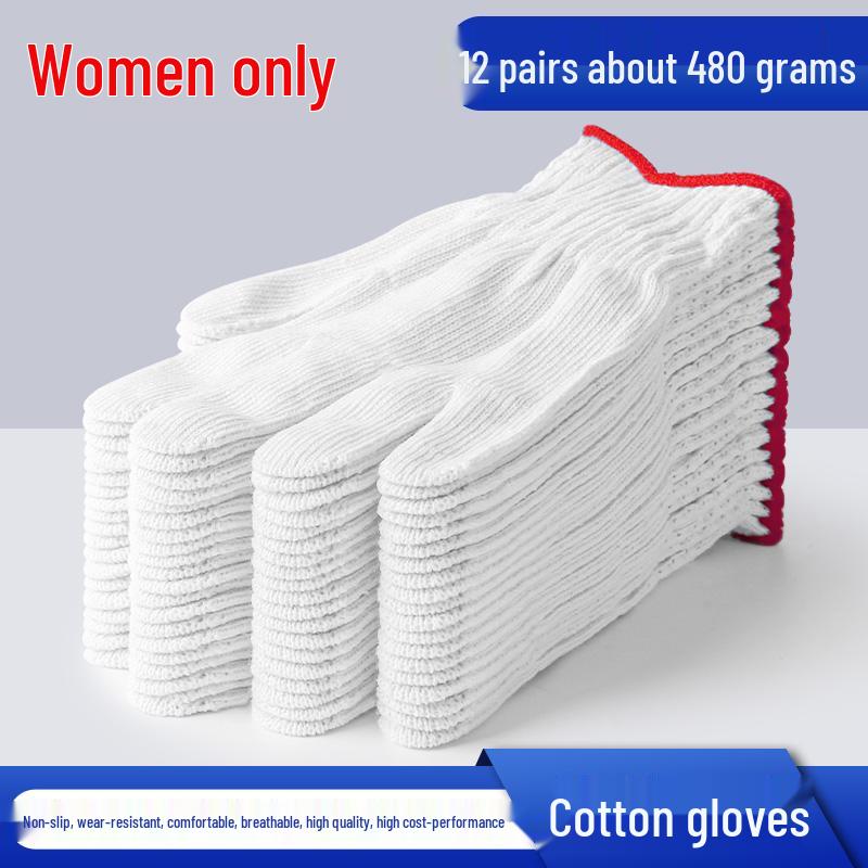 Durable White Cotton Yarn Work Gloves - Non-Slip, Thickened, Wear-Resistant for Labor Protection at Construction Sites