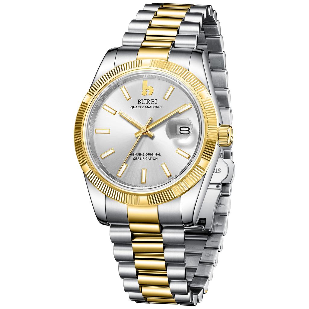 BUREI Men's Waterproof Quartz Analog Watch, Simple and Popular for Business and Fashion, Silver and Gold Luminous Finish, Perfect As a Birthday Gift