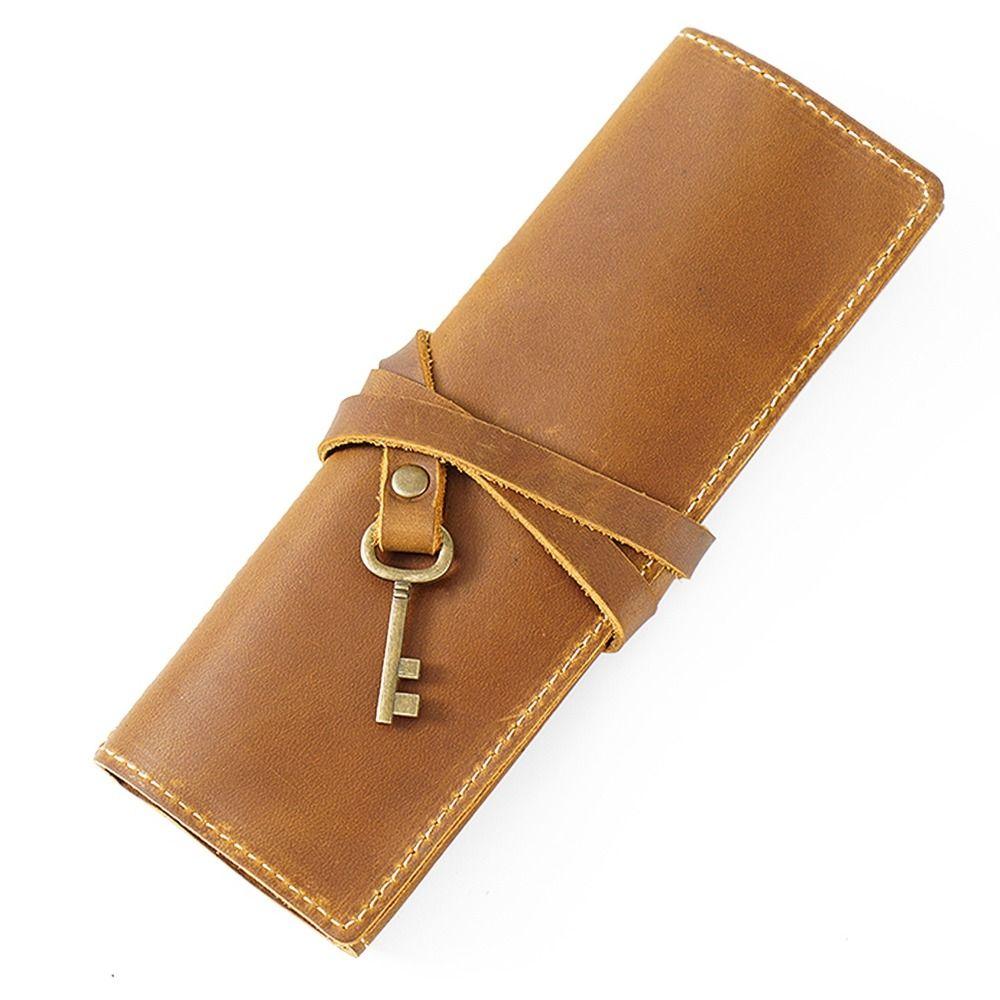 Retro Design Leather Pen Case First Layer Cowhide Multi-Compartment Pencil Cases Simple Literary Elastic Closure Pencil Roll Bag