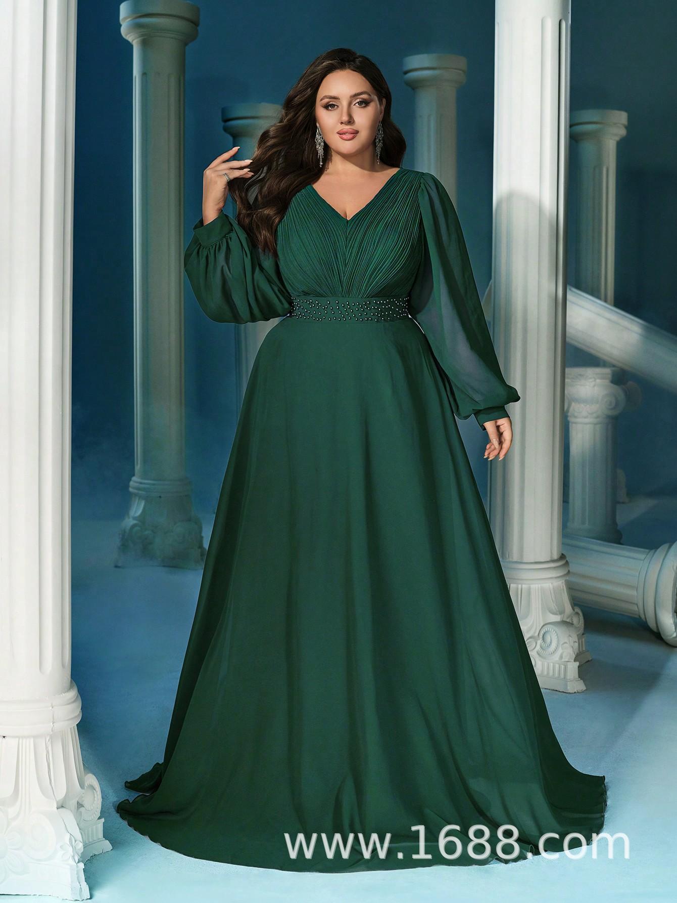 

Elegant Plus Size V-Neck Formal Dress with Beaded Waist - 2025 Style Evening Gown L темно-зелений колір