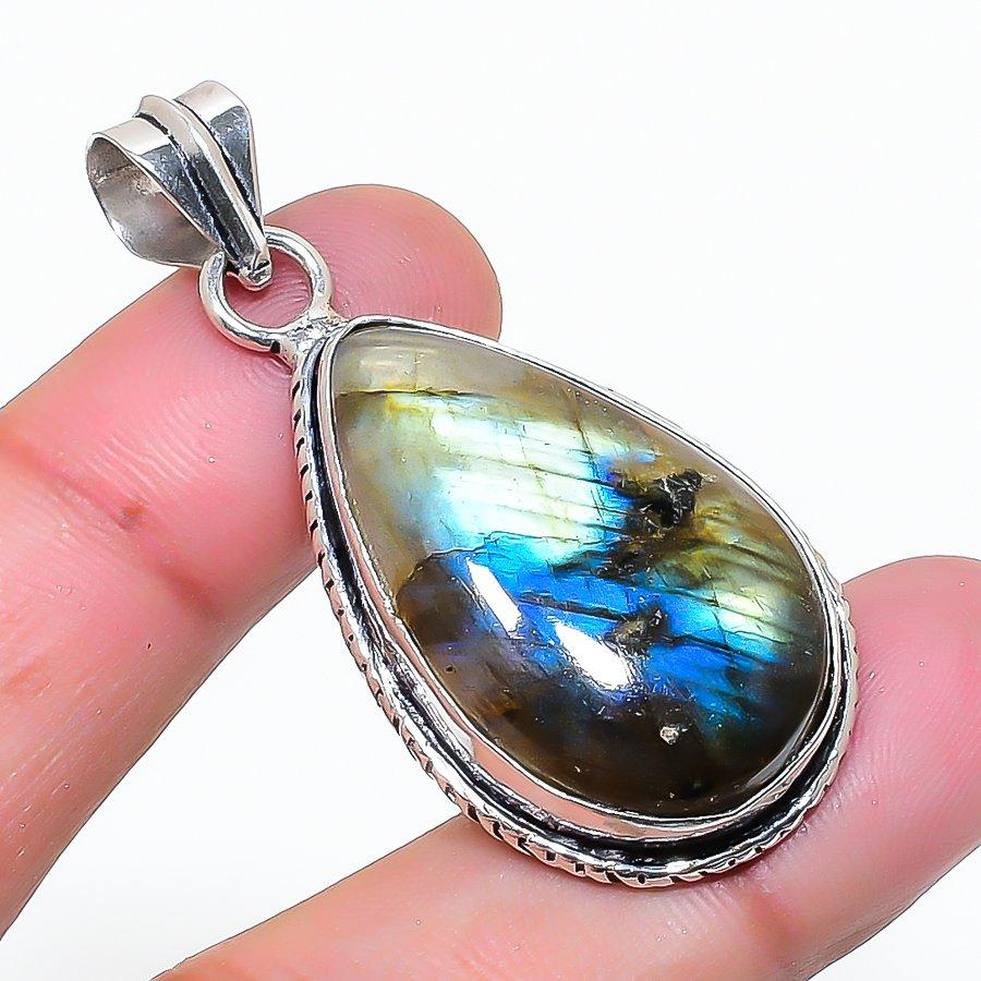 Natural Labradorite Gemstone Handmade 925 Sterling Silver Pendant 1.81" AP-15272