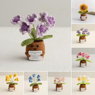 Crochet Potted Flower with Positive Card Emotional Support Handmade Knitting Potted Plants Doll Stress Relief Toy Desktop Decoration Ornament
