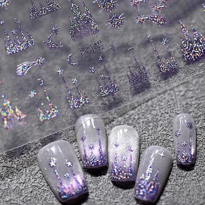 Embossed Nail Stickers Colorful Starry Sky Moon Castle Nail Decoration Decals Diy Self Adhesive Transfer Slider