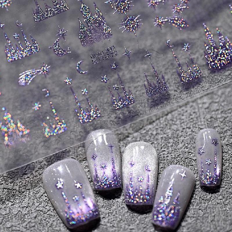 Embossed Nail Stickers Colorful Starry Sky Moon Castle Nail Decoration Decals Diy Self Adhesive Transfer Slider