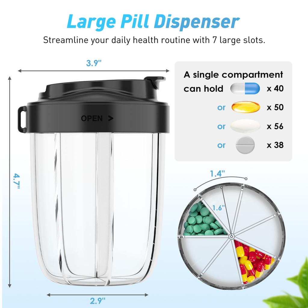 Pill Organizer 7 Grids Large Cup Bottle Organizer Supplement Pill Dispenser for Holding 7 Various Vitamins Travel Pill Case Box
