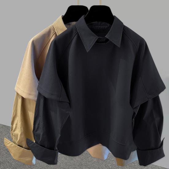 Men Shirt Lapel Long Sleeve Solid Color Splicing Fake Two-Piece Design Pullover Tops Loose Fit Casual Shirt Work Wear