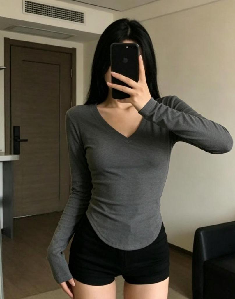 Top Feminino de Gola V Slim Fit Manga Longa Bainha Curva Primavera/Outono 2024
