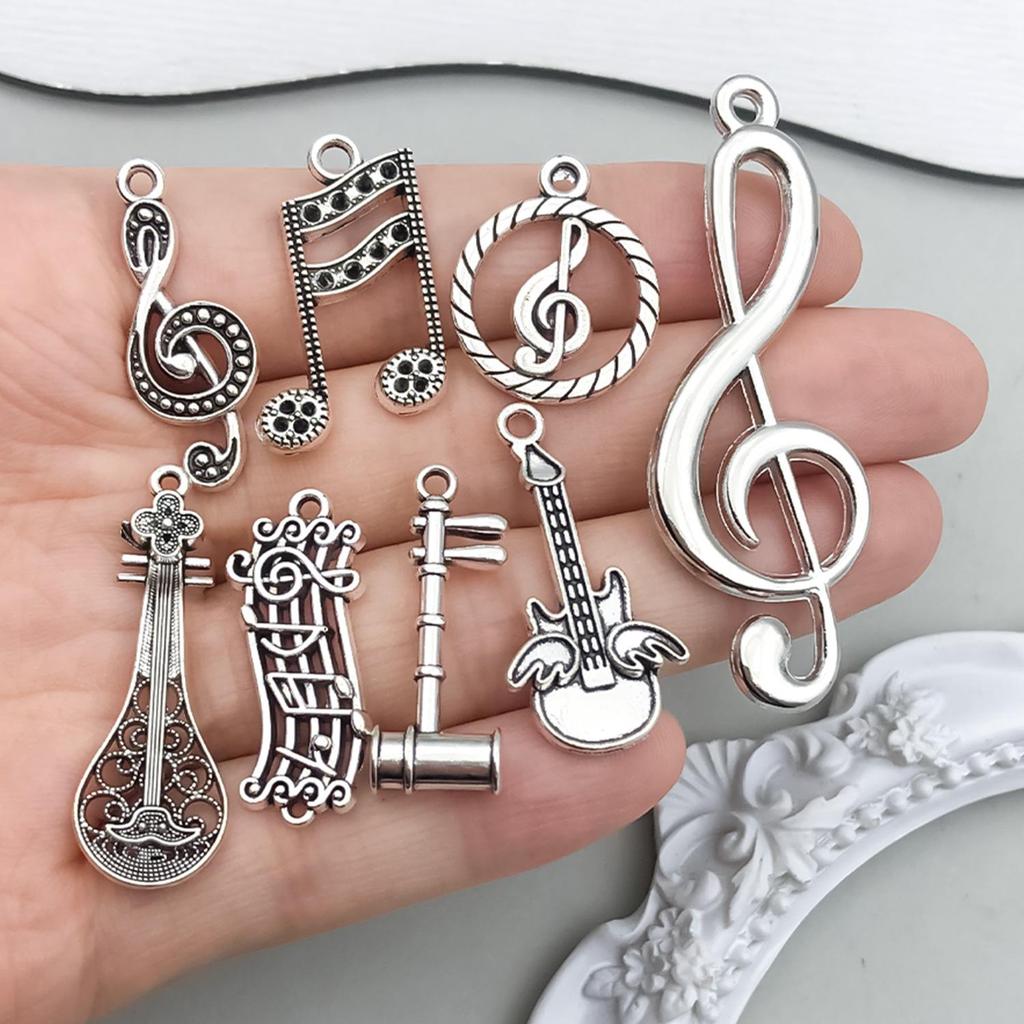 Starožitný stříbrný slitinový přívěsek ve tvaru noty na kytaru pro DIY šperky