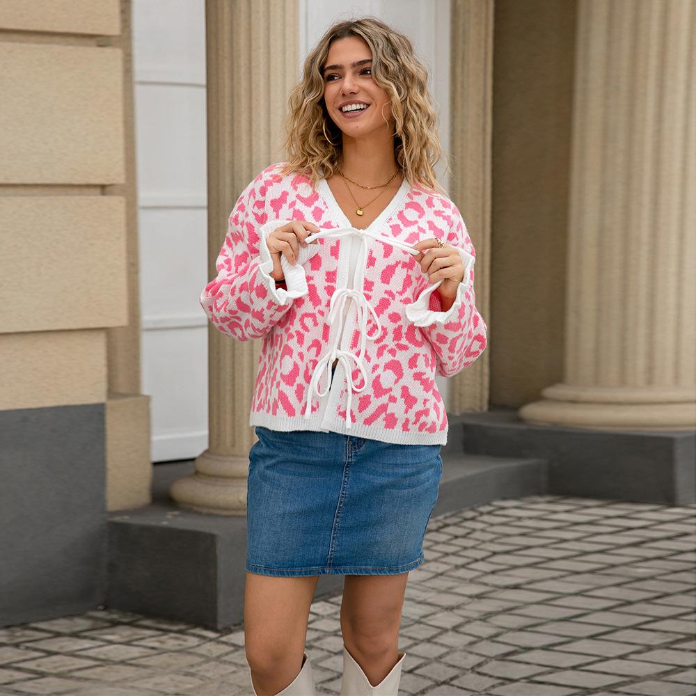 

Winter New Women s Collection: Leopard Print Jacquard Lace-up Cardigan, Personalized Knitted Short Sweater Coat S рожевий