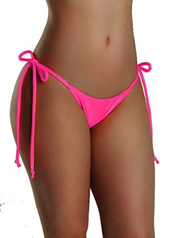 Swimsuit Tie Loop Brazilian Back Shirring Bikini Bottom Neon [Sanas] (M, (NP) Pink)