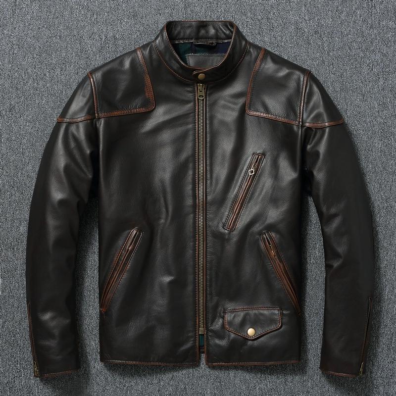 Stile RL Top Layer Oil Waxed Pelle di Vacchetta Vera Giacca Uomo Collo Alto Marrone Motociclo Giacca Uomo Biker Giacca Primavera Autunno