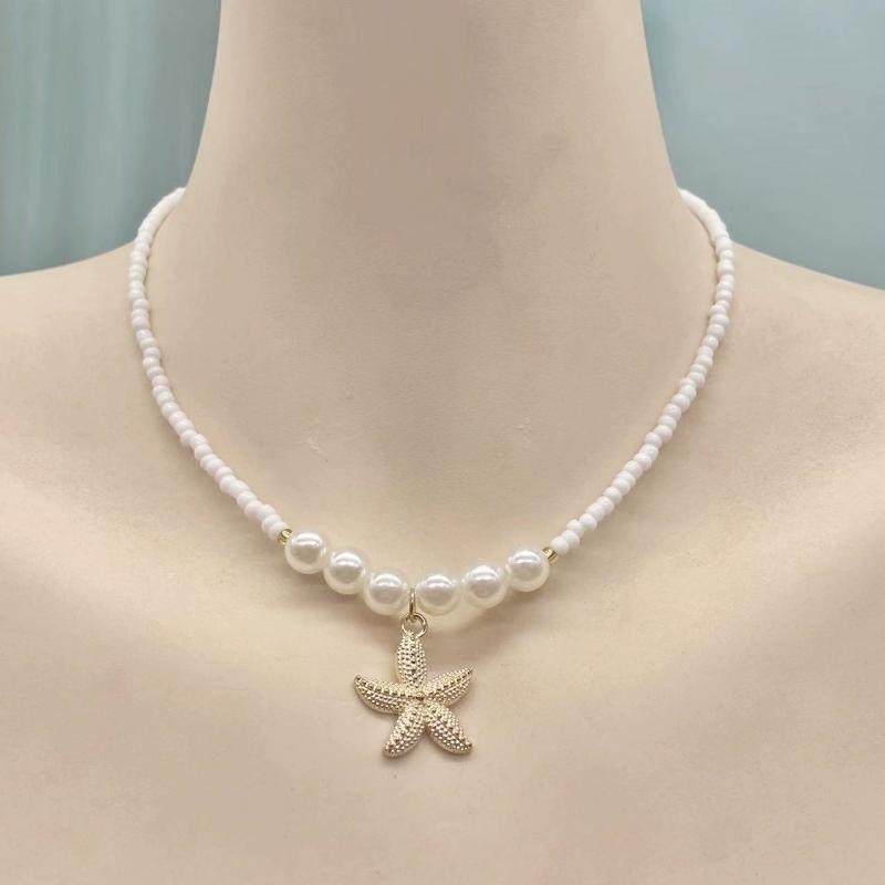 Bohemian Rice Beads Starfish Pendant Necklace for Women Handmade Imitation Pearl Colorful Beaded Choker Summer Beach Jewelry