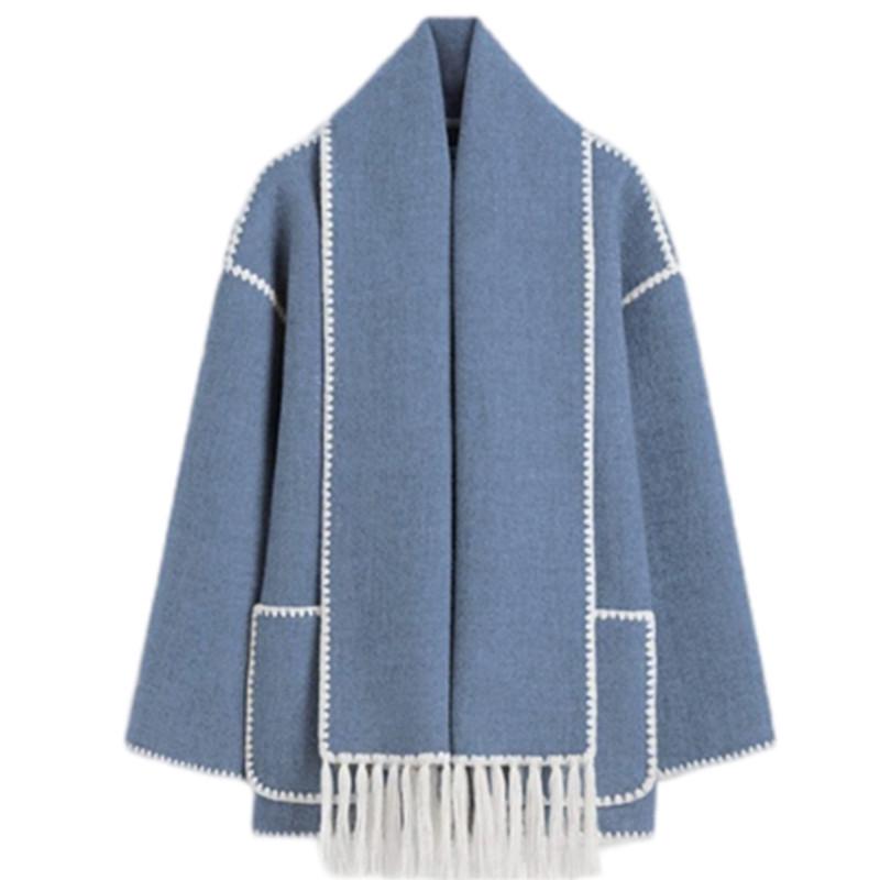 Evropský a americký dámský vlněný kabát 2023 s šálou a střapci - Zesílený, volný střih.