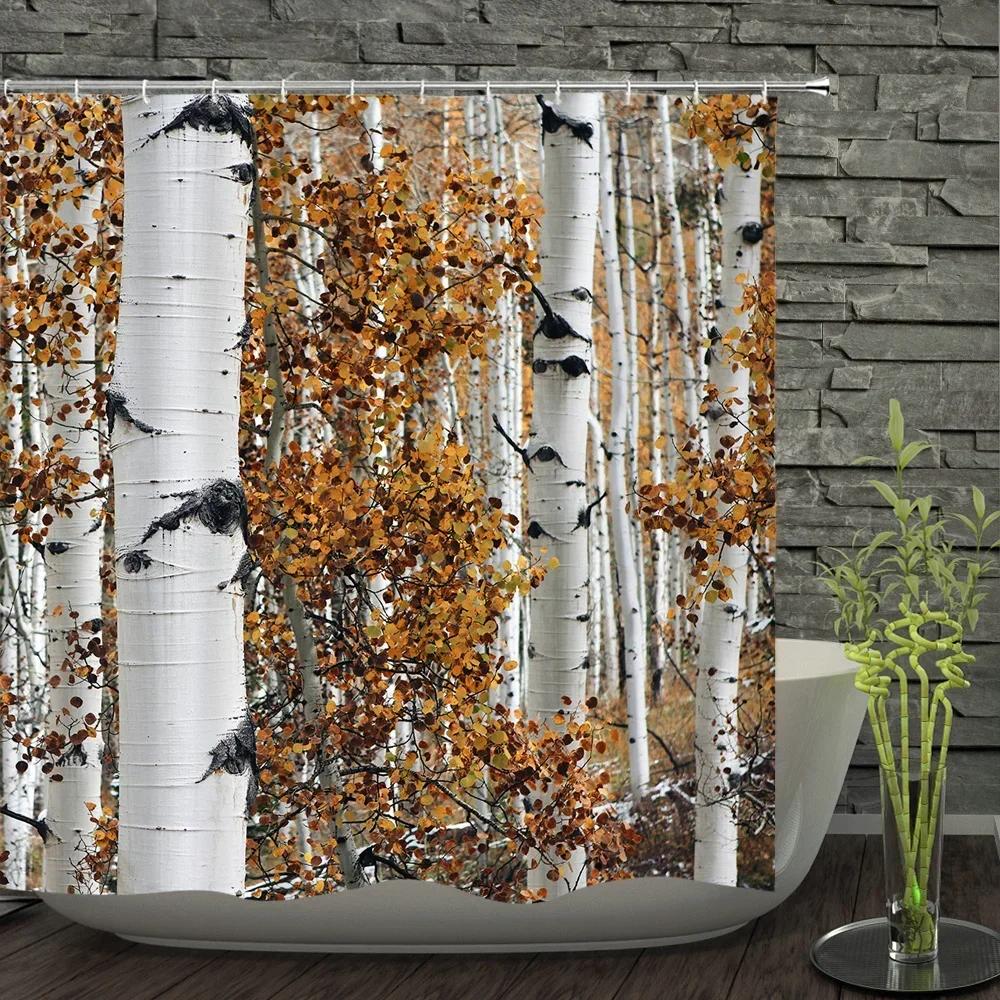 Berkenbomen Boslandschap Douchegordijn Waterdichte Stof Badkamer Gordijnen Natuurlijk Landschap Bad Scherm Met 12 Haken
