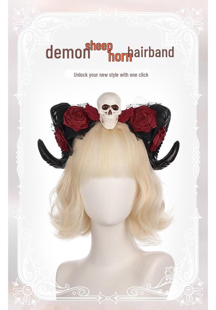 Gothic Ram Horns Headband with Red Rose - Halloween Demon Costume Accessory