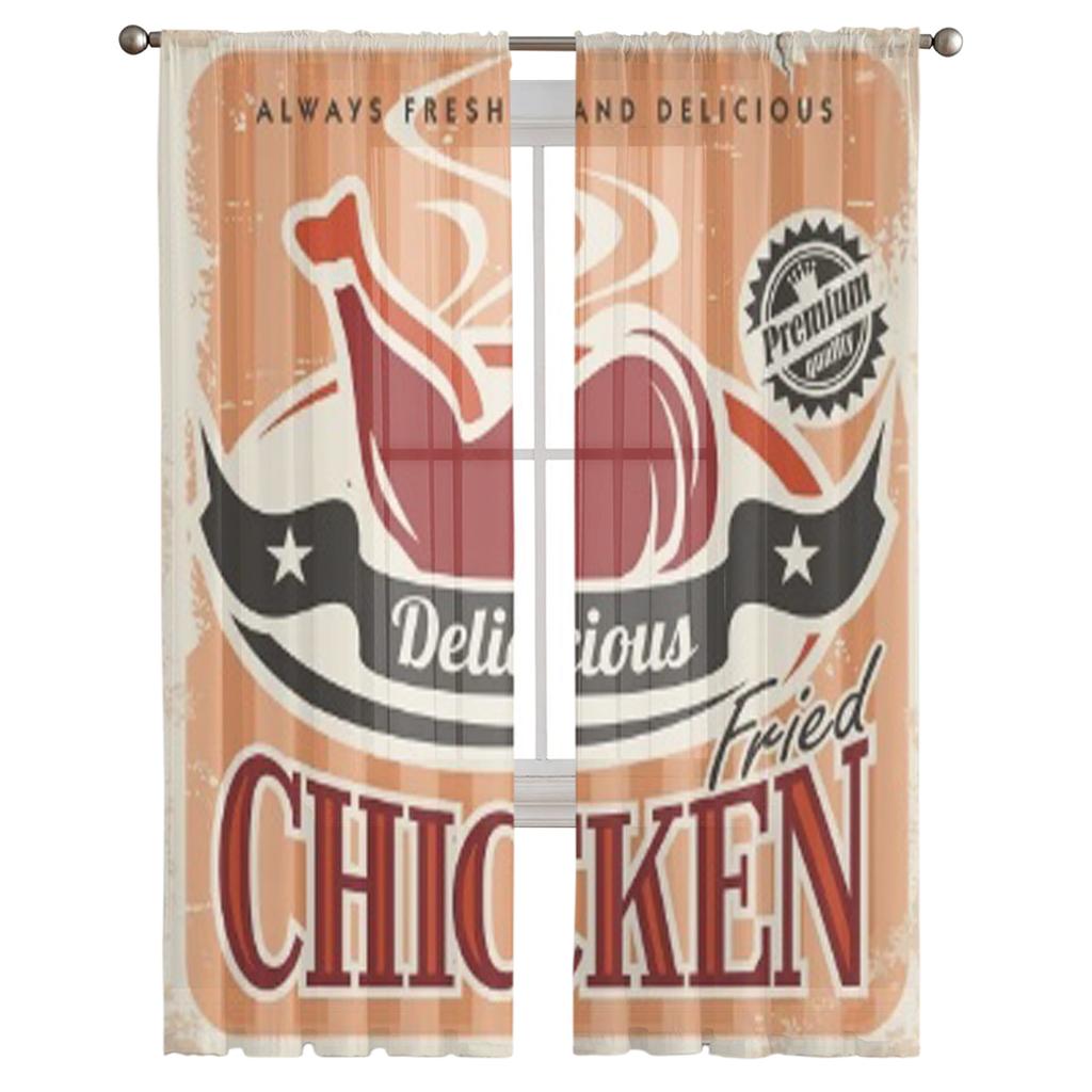 Vintage Fried Chicken Vector Poster Design Sheer Curtains for Living Room Tulle Window Curtain Bedroom Kitchen Veil Drapes