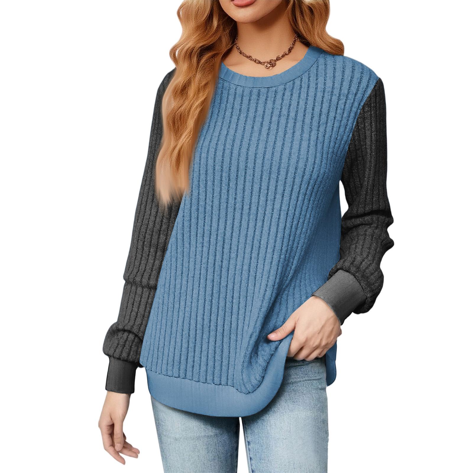 

Модный женский легкий свитер с длинными рукавами и цветными блоками, свободный топ с круглым вырезом XL синий