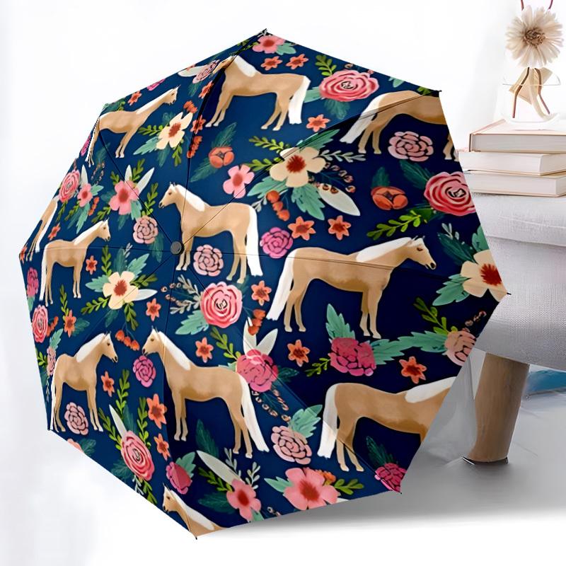 

1pc Horse Floral Pattern Automatic Open/Close Umbrella - Compact Travel Umbrella, Durable Construction, Fashionconscious yy251208110