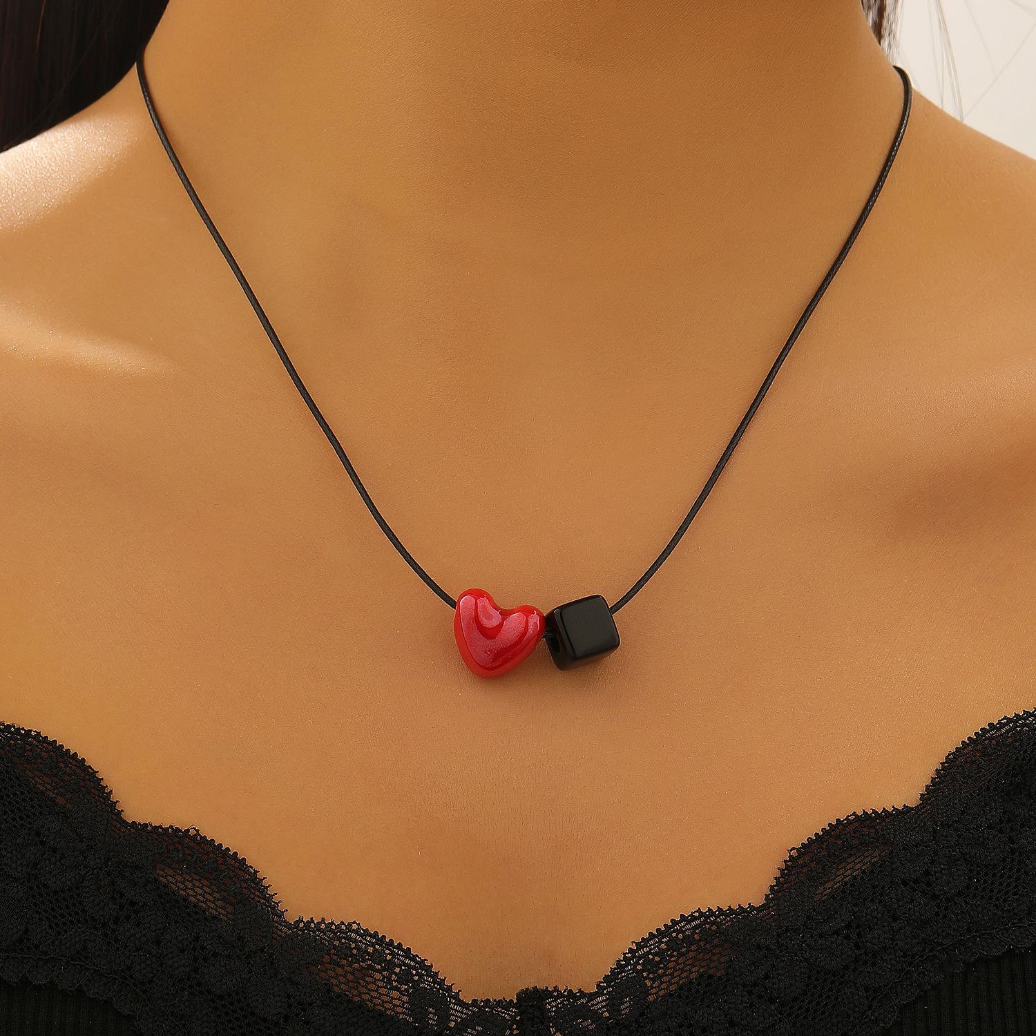 Resin Square Ceramic Love Heart Pendant Necklace for Women Simple Rope Chain Fashion Jewelry