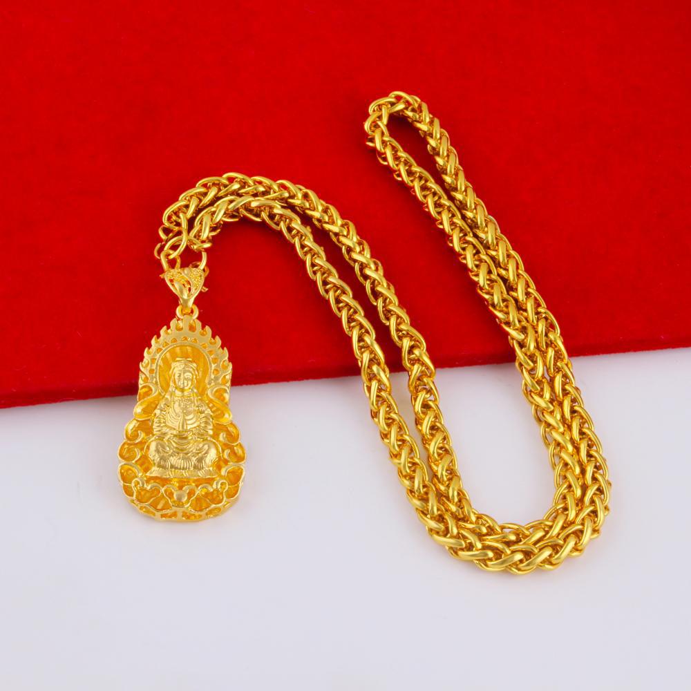 Men's Gold-plated Large Tag Necklace, Flame Square Dragon Brand, Guanyin Maitreya Buddha Pendant Necklace.