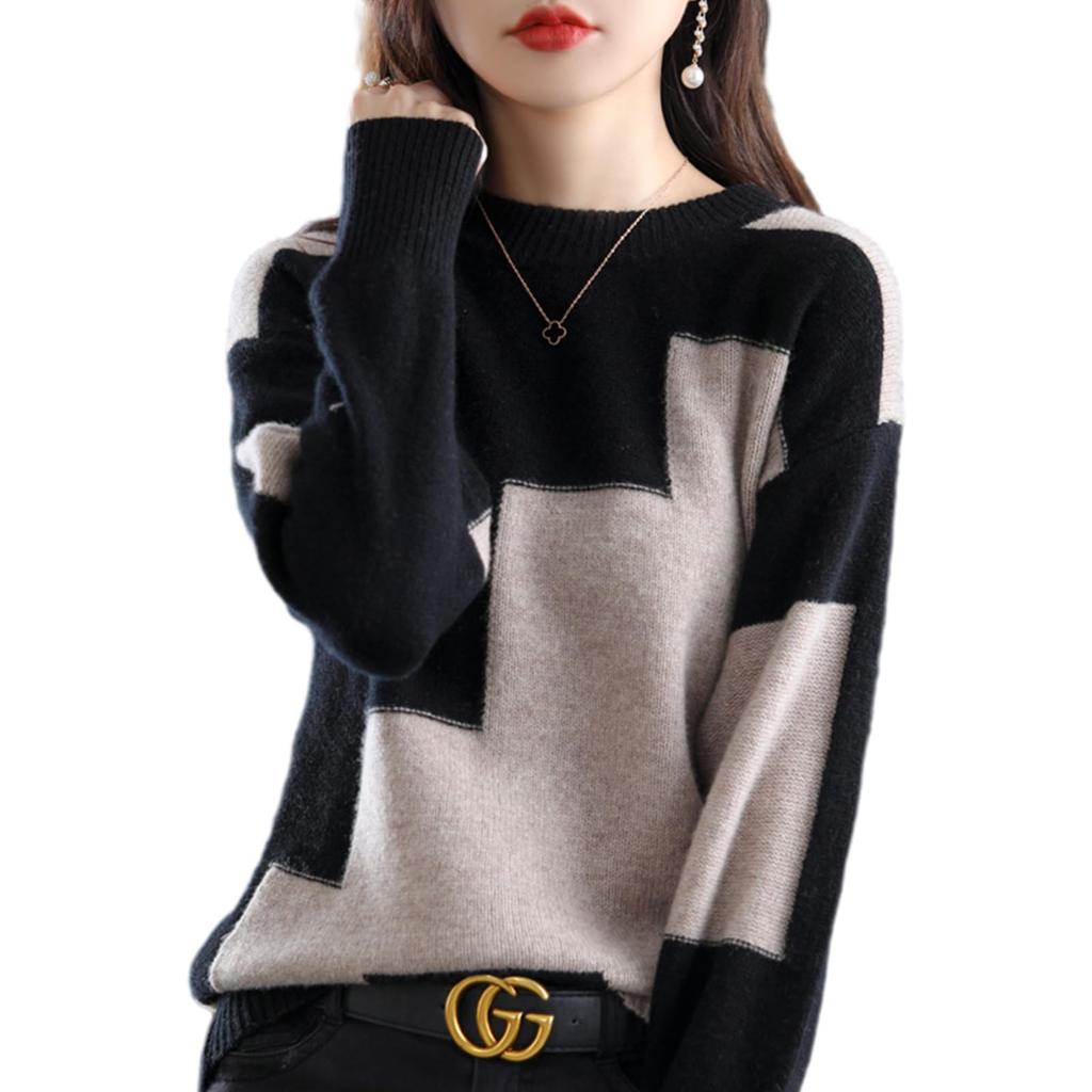 ORWZDCO Knit Round Long Loose Everyday Winter Women's Sweater, Neck, Sleeve, Two-Tone, Slimming, Soft, Fit, Stylish, Cute, Casual, Commuting, Office,