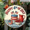 2D Flat, 1pc Retro Vintage 4th of July Sign, Patriotic American Flag Cake Cup Coffee Cherry Jug Decor, Round Aluminum Metal Sign, 4th of July