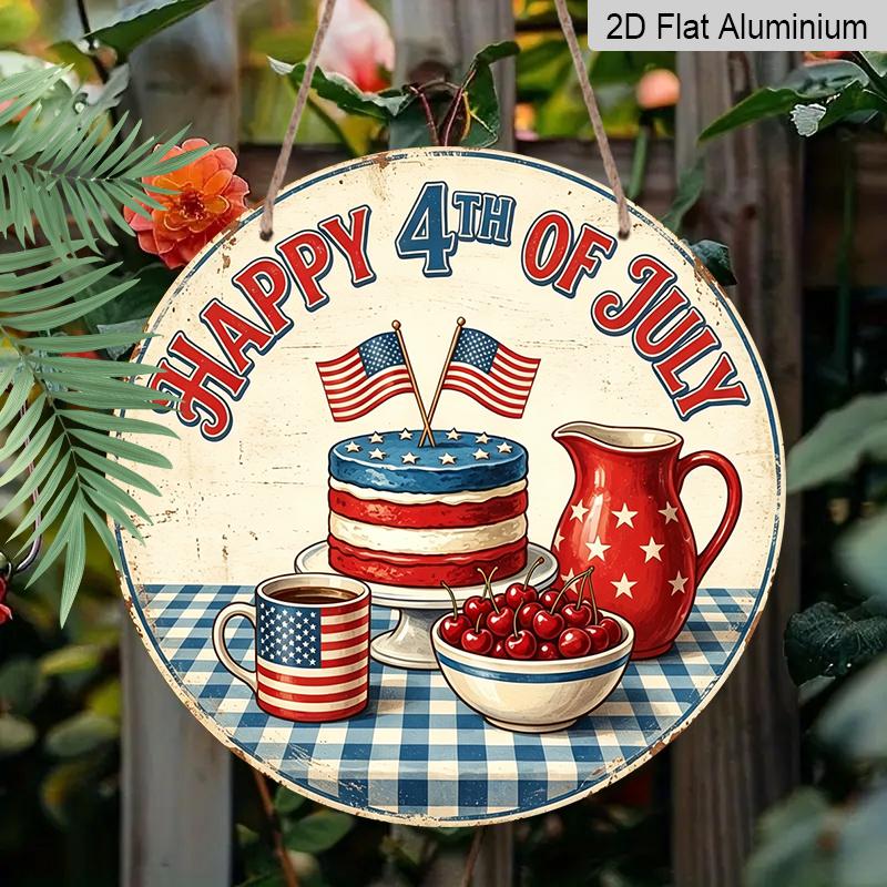 2D Flat, 1pc Retro Vintage 4th of July Sign, Patriotic American Flag Cake Cup Coffee Cherry Jug Decor, Round Aluminum Metal Sign, 4th of July