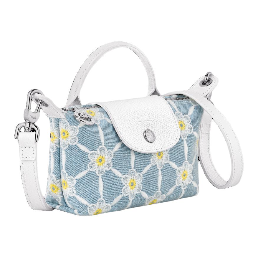 Longchamp Le Pliage Large Floral Embroidery Denim Shoulder Crossbody Tote Bag Women Bags Sky-Blue 34205HEW028