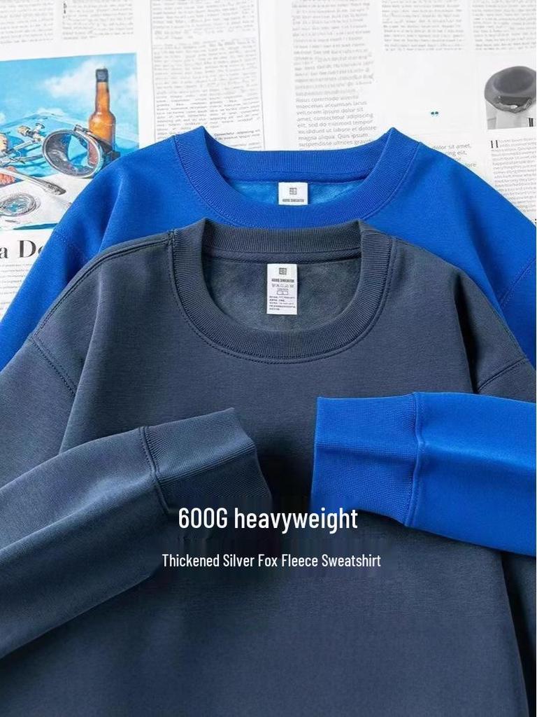 Men's American Style Fleece-Lined Hoodie 600G, Long Sleeve Round Neck Casual T-shirt, 2025 Collection.