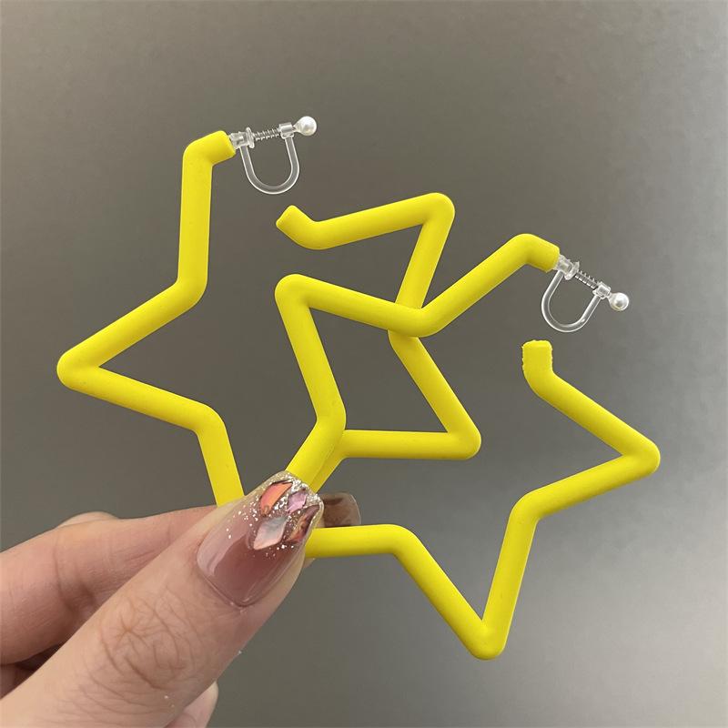 Colorful Earrings with Fluorescent Effect, Featuring Exaggerated Personality, Five-pointed Star-shaped Ear Holes, Ear Clips and Dangling Fringes.