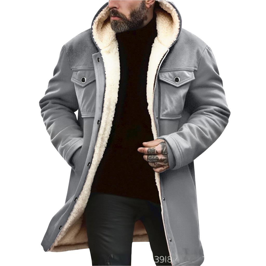 Men's Solid Color Button Pocket Work Wear Plus Leather Jacket Men's Casual Long Coat