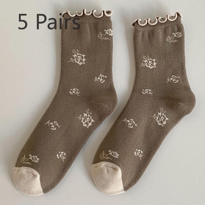 5 Pairs of Women's Autumn and Winter Fleece and Thickened Warm and Cute Loop Socks