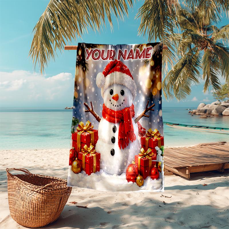 1PC Custom Name Christmas Snowman Gifts Scene Beach Towel Highly Absorbent And Sand-Resistant Towel for Swimming, Pool, Yoga, And Travel Lightweight