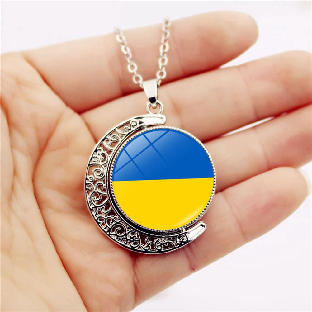 Ukraine Flag Necklace Ukraine National Flag Crescent Moon Galactic Universe Glass Cabochon Pendant Necklace