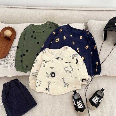 Kinder Frühlings-T-Shirt aus reiner Baumwolle mit langen Ärmeln: Lässiges bedrucktes Rundhals-Oberteil für Jungen und Mädchen