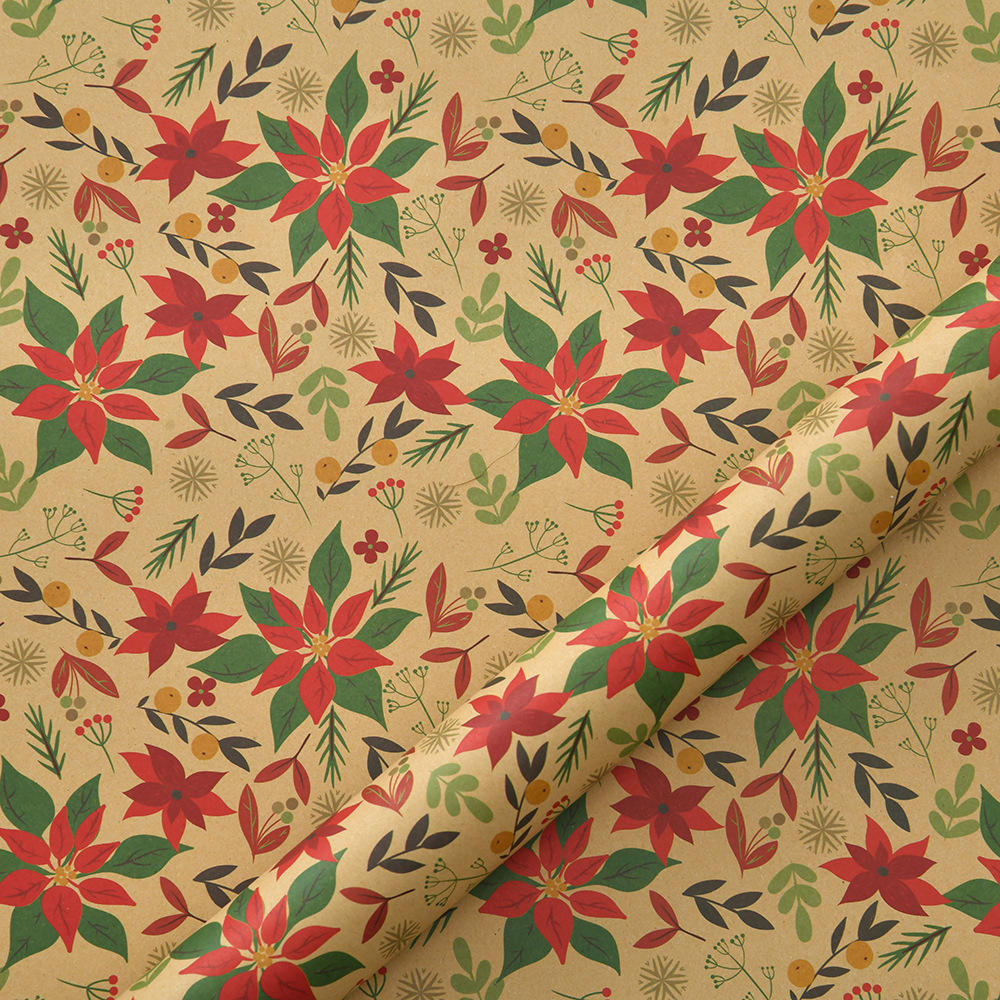 50x70cm 1 Roll Christmas Gift Wrapping Paper with Snowflake, Santa Claus, Reindeer Printed for Christmas, New Year Celebration