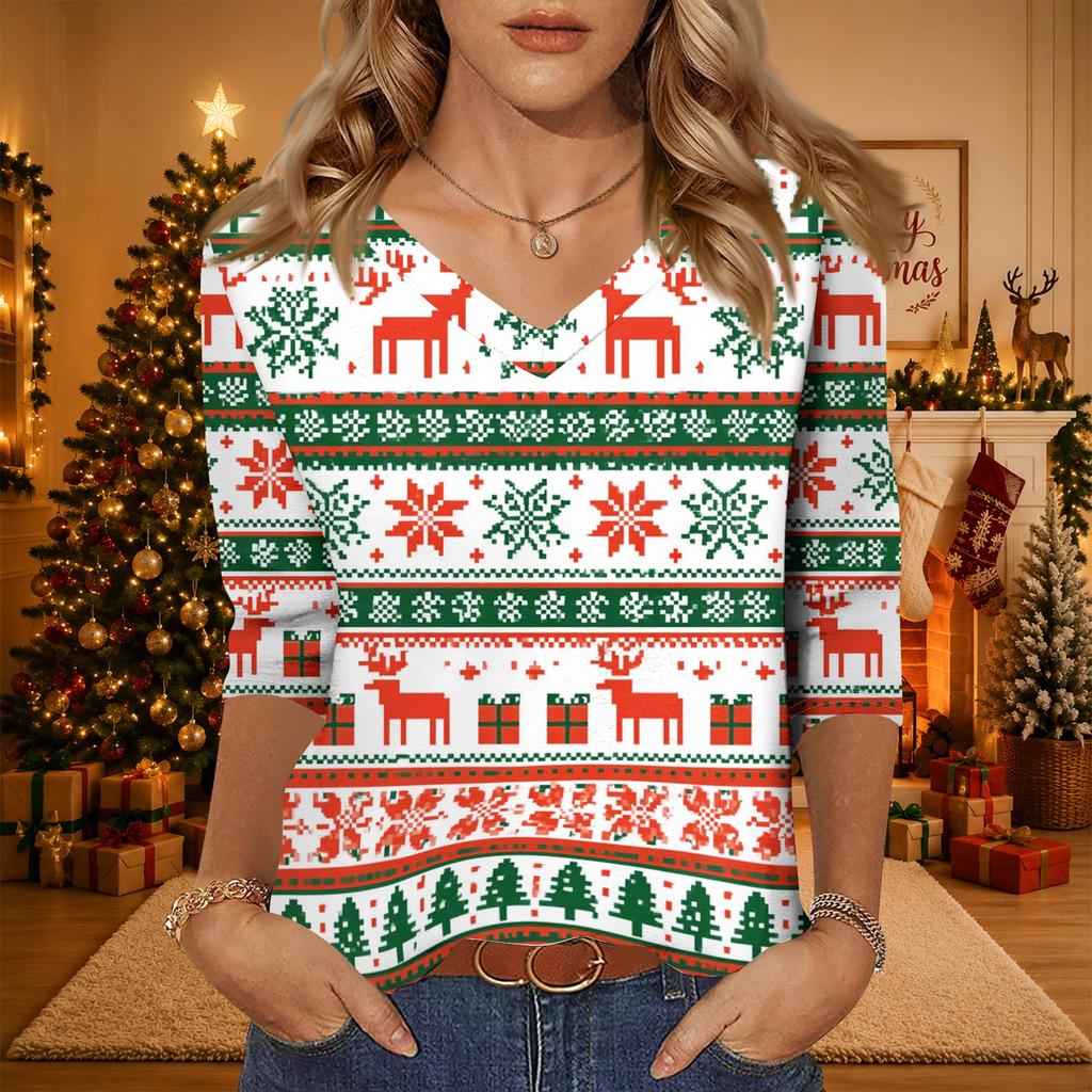 Women's Christmas Print V-Neck Three-Quarter Sleeve Casual Loose Fit Shirt