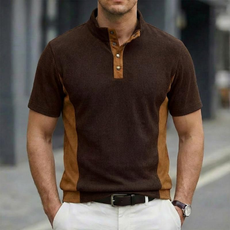Mens Casual Color Block Ribbed Henley Collar Short Sleeve Polo Shirt