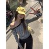 Black and white striped diagonal shoulder long-sleeved t-shirt women's spring chic beautiful spice girl style slim-fit one-word shoulder top