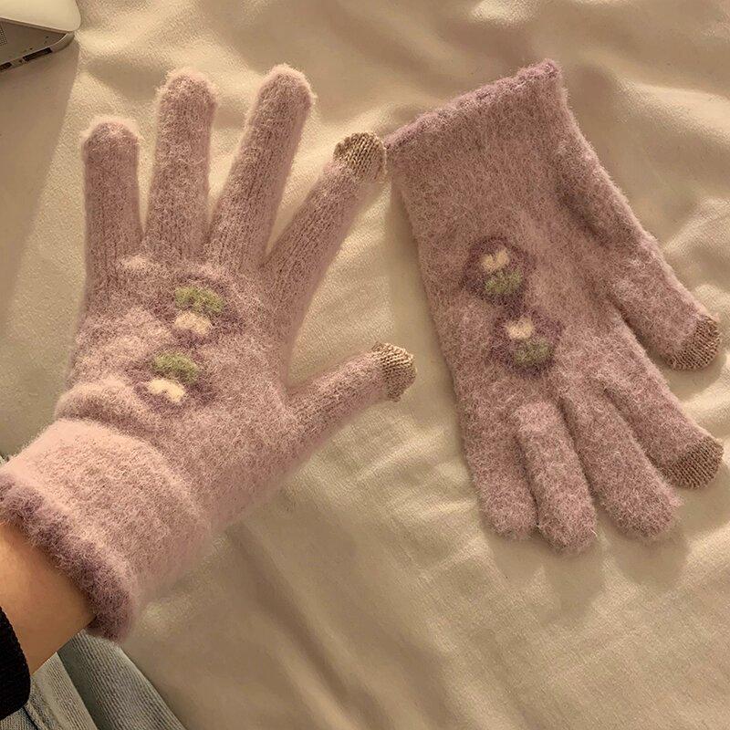 Knitted Five Finger Gloves for Women In Winter  Warm and Velvet Thickened  Student Anti Cold and Freezing Cycling Gloves