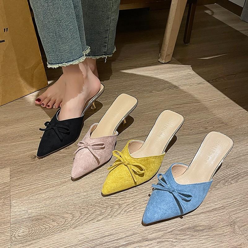 Fashion Pointed Toe Women Mules Slippers Shoes Fashion Butterfly-knot Slip On Slides Design Style Low Heels Banquet Party Sandals Shoes
