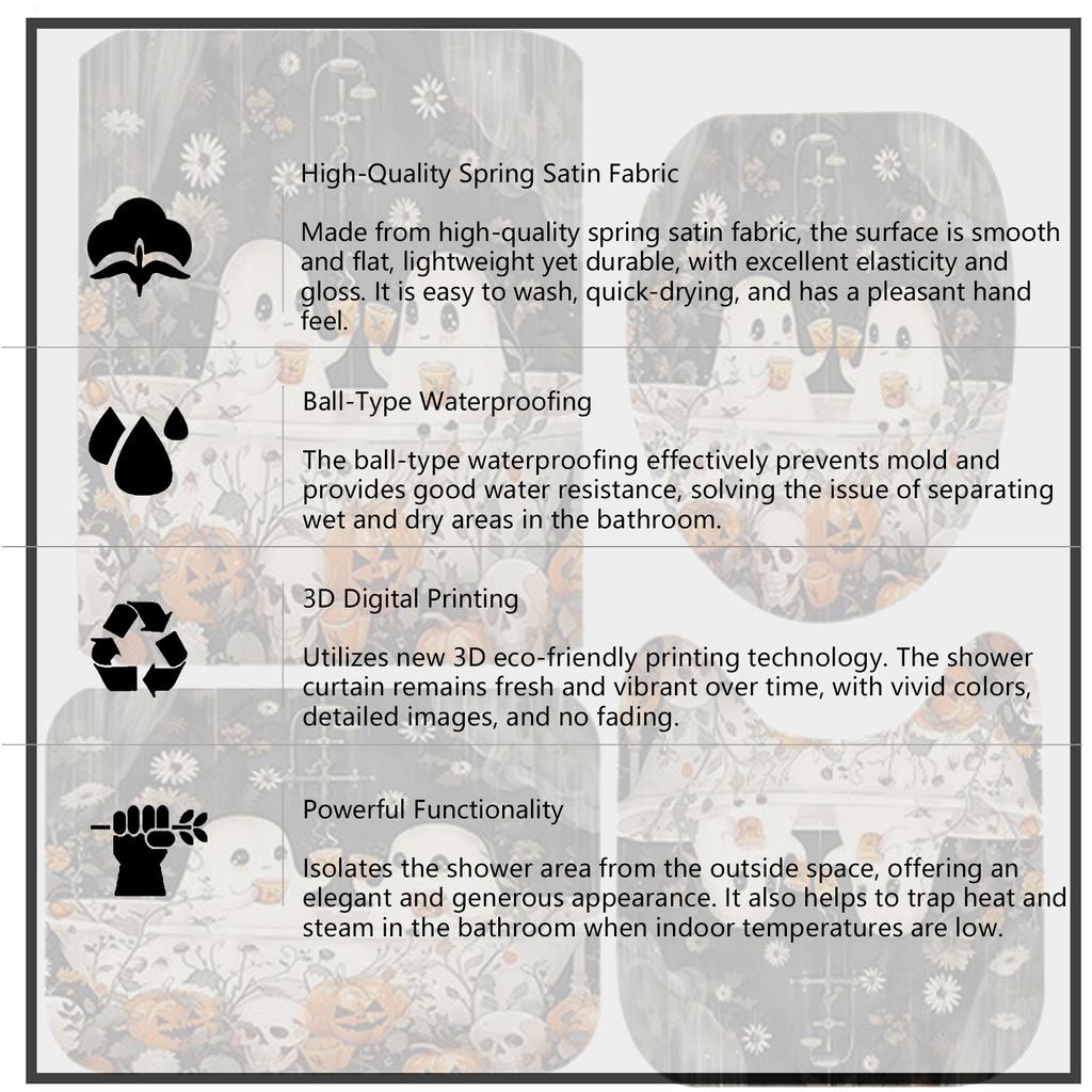 4 Pcs Halloween Ghost Shower Curtain Sets Non-Slip Bath Rugs, Toilet Cover, U-Shaped Mat,Halloween Decorations Shower Curtain With 12 Hooks