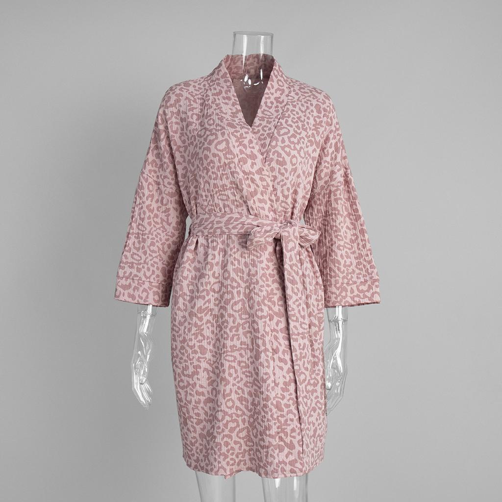 Spring  Cotton Pink Leopard Print Robe Pajamas Cardigans Pajamas Comfortable Home Clothes Women's Nightgowns