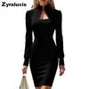 Nové podzimní zimní koktejlové párty šaty s vysokým límcem, dlouhým rukávem, úzkým střihem a bodycon střihem pro ženy
