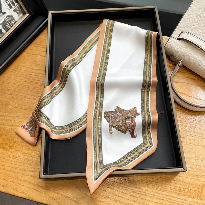 Retro Print Skinny Silk Scarfs Women Office Foulard Neckerchief Handle Bag Ribbons Soft Satin Neck Ties Female Hairband Gift
