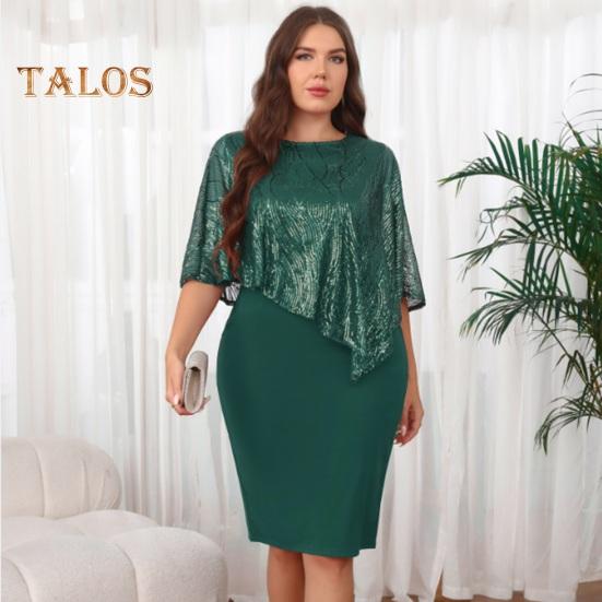 Women's Sleeveless Cape Dress with Sequin Overlay Oversized Sequin Bodycon Pencil Dress Ladies Evening Midi Dress