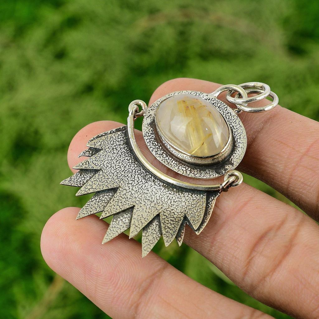 Daughters Day Sale Golden Rutile Gemstone Boho Pendant Jewelry Sterling Silver