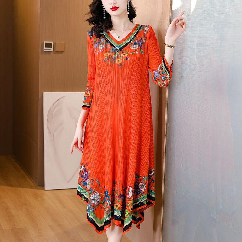 Women's Plus Size Dress Vintage Print Dress Ethnic Style Spring Summer A-line Pleated Stretch Maxi Dress