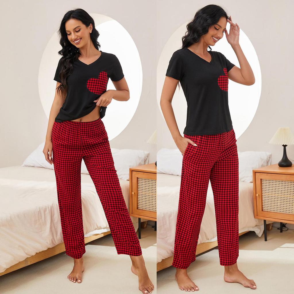 Summer Sleeping Suit for Women 2 Pieces Pajamas Set V Neck Short Sleeves Heart Printed Shirts and Plaid Long Pants Leisure Home Wear Nighty