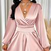 Women Summer Satin V-Neck Dress Elegant Long Gown with Puff Sleeves & Cinched Waist